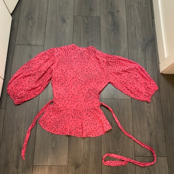 🩷GANNI Barra Hot Pink Crepe Wrap Balloon Sleeve Blouse Size EU 34 / US 2 - Picture 7 of 11